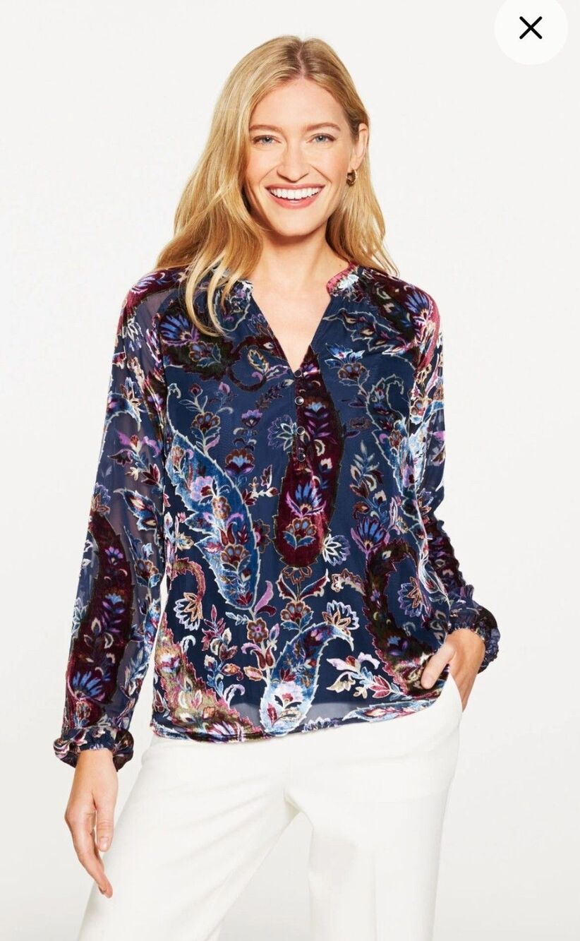 Talbots Top Navy Blue Velvet Burnout Paisley Floral Split Neck Blouse Petite S